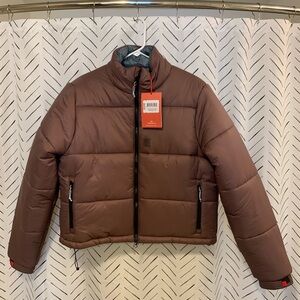 Topo Designs Brown Puffer Jacket with High Collar and Cropped Style
